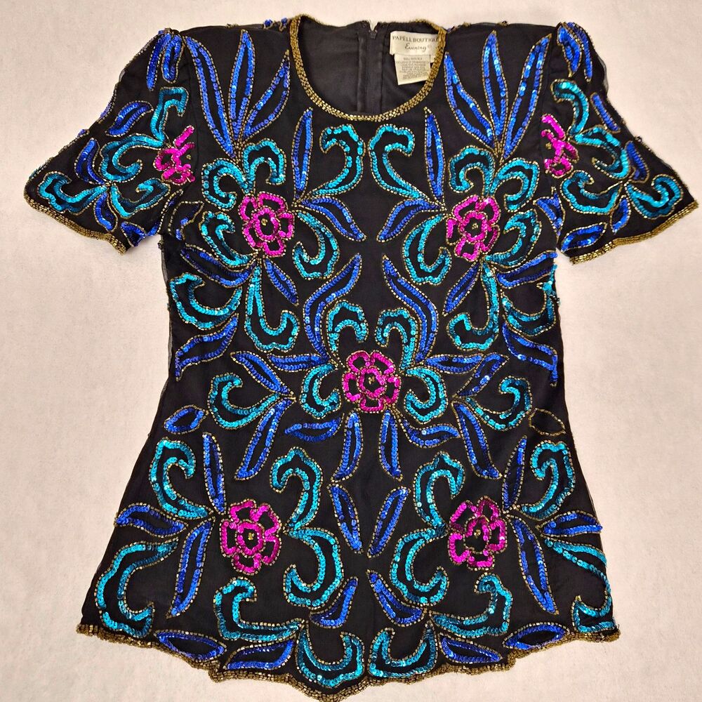 Papell Boutique Evening Vintage Silk Beaded Sequin Top Blouse Floral Women S Y2K